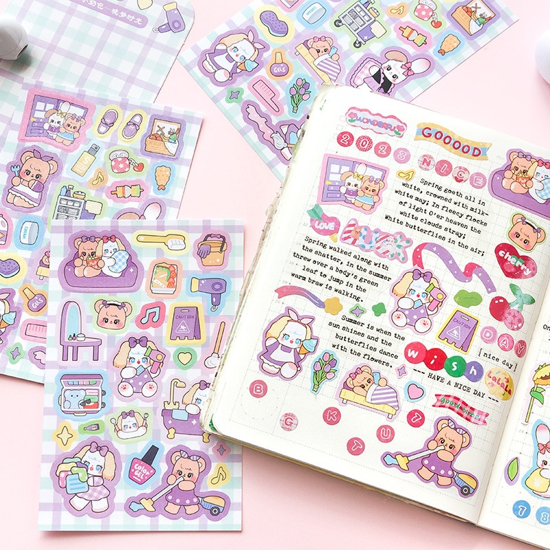 4pcs Sweet Cartoon Kawaii Decorative Stickers for Scrapbooking DIY Decorative Material Collage Journaling