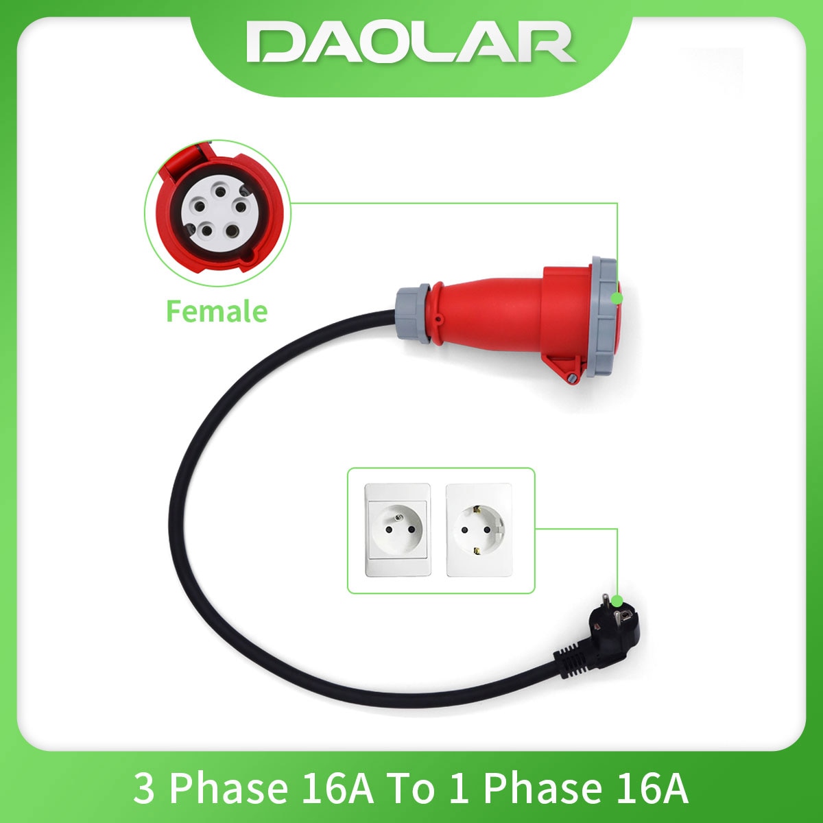 Daolar EV Charger Schuko Plug to CEE Power Female Plug 5 Pins Socket Adapter suitable for 3 phase 16A to 1 phase 16A Adapter