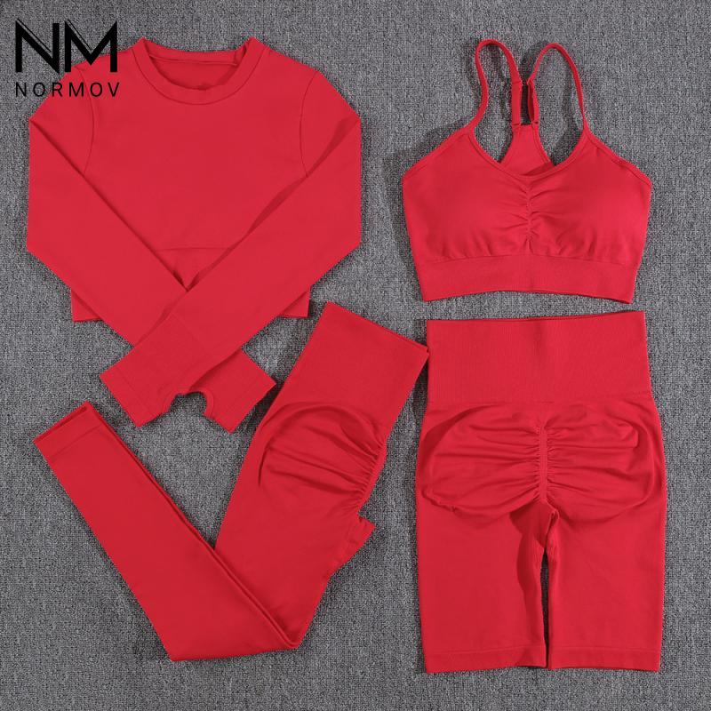 NORMOV Sports 4 Piece Women Sets Seamless High Waist Fitness Push Up Suits Women Solid Elasticity Gym Workout Slim Leggings Sets