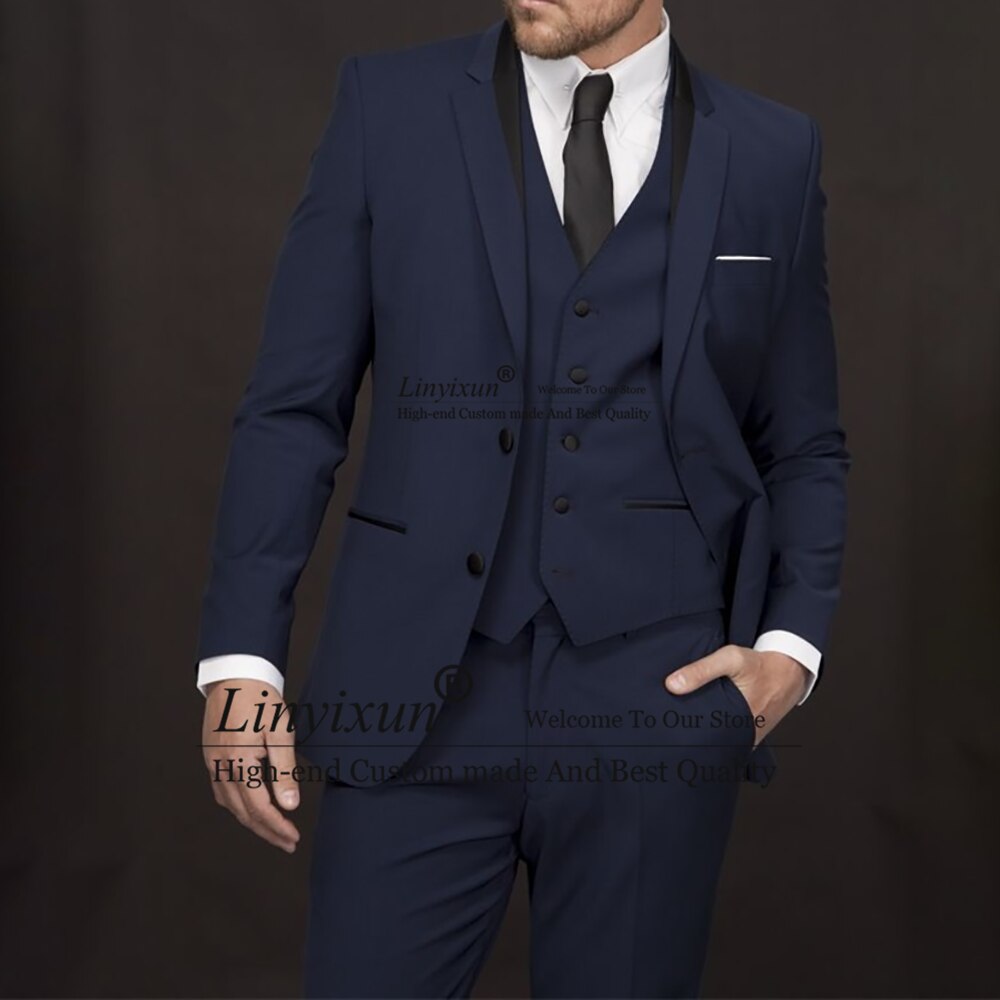 Navy Blue Suits For Mens Business Blazer Hombre Wedding Groom Tuxedo Slim Fit Daily 3 Piece Set Jacket Vest Pants Costume Homme