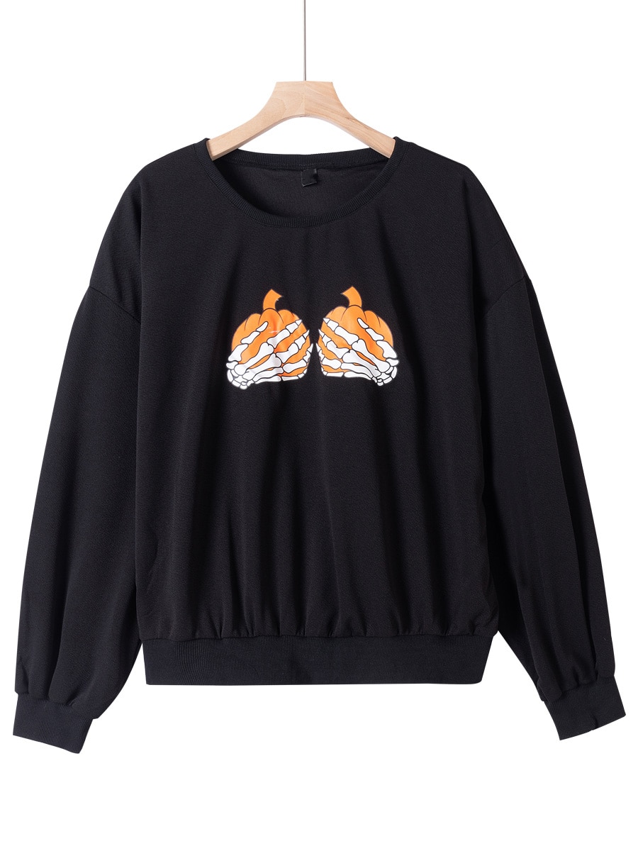 Finjani Plus Size Halloween Pumpkin Print Sweatshirt, Casual Long Sleeve Crew Neck Sweatshirt, Women's Clothing