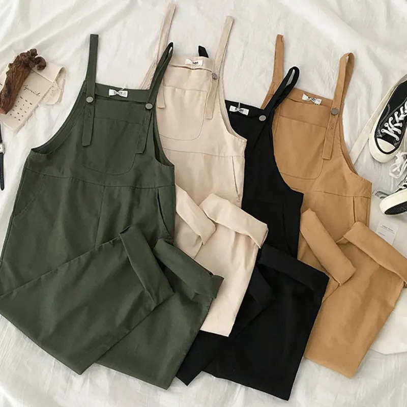 Bf Harajuku Loose Jumpsuits Women Summer High Waist Straight Solid Suspenders Trousers Preppy All Match Casual Wide Leg Pants