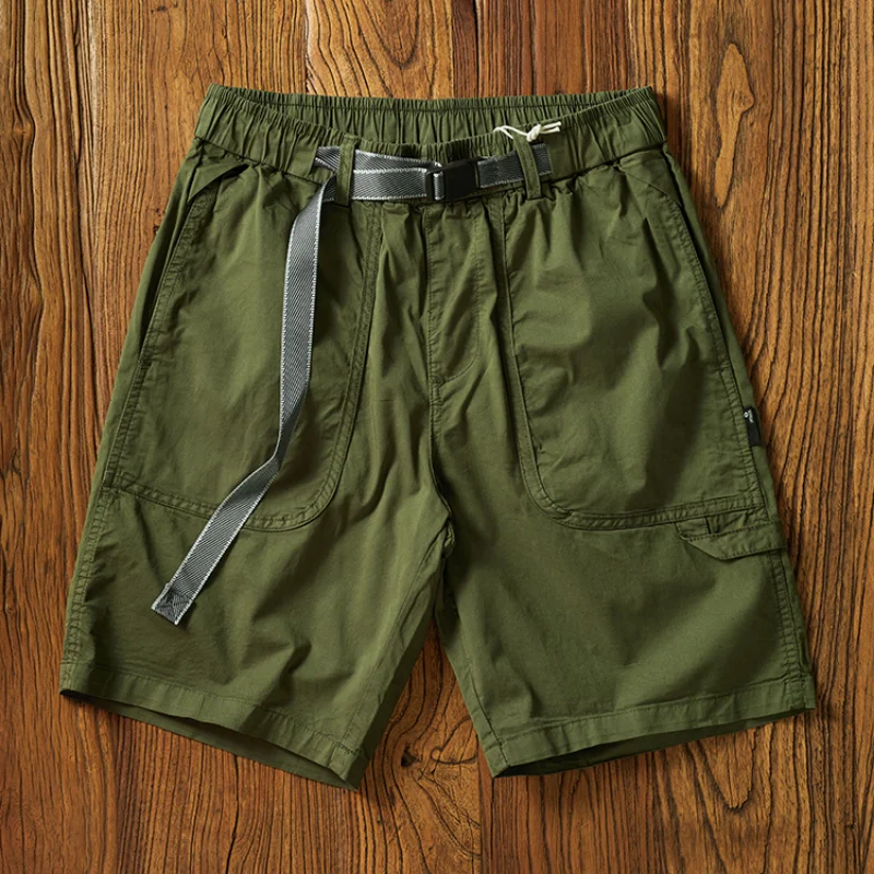 Summer American Retro Lightweight Quick Drying Cargo Shorts Men's Fashion Washed Casual Elastic Waist Straigt Five-point Pa