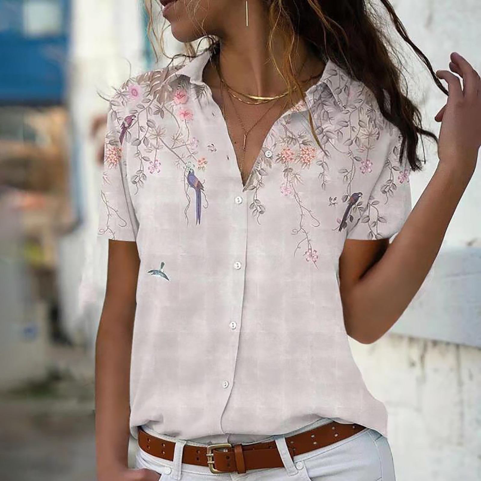 2023 Women's Fashion Printed Top Casual Short Sleeve Loose Button Shirt Blouse Streetwear