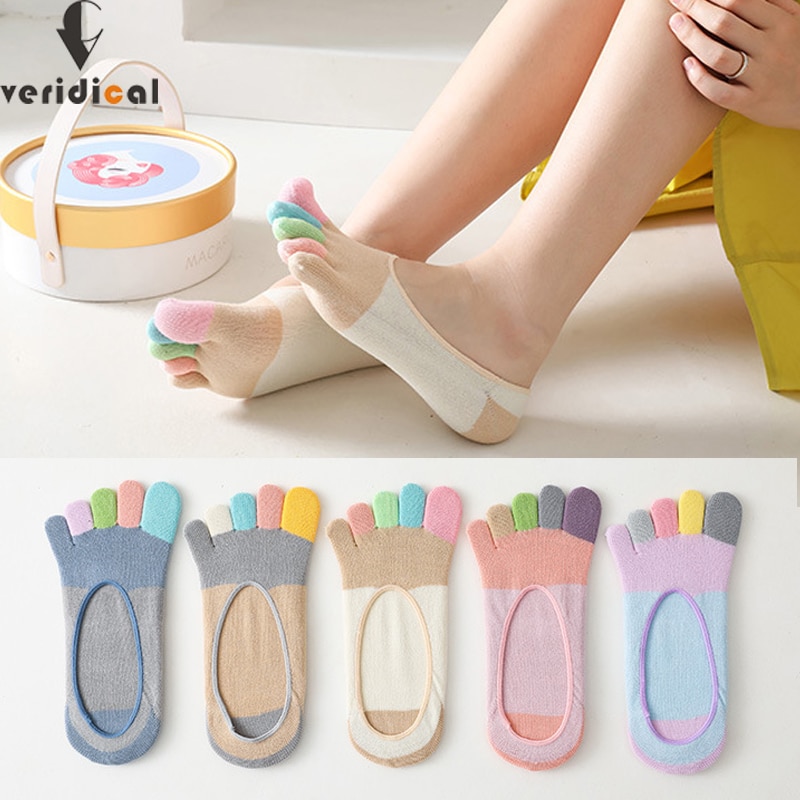 5 Pairs Invisible Toe Socks Women Girl Combed Cotton Big Striped Shallow Mouth Non-Slip Young Fashion 5 Finger Cool Socks Summer