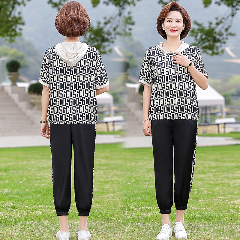 Summer Women's Hooded Sets Middle-Aged Elderly Mothers Printing Tops T-shirt+ Pants Suits Two-Piece Sets 5XL
