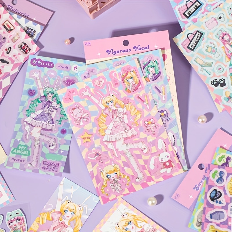 MOHAMM 7pcs Sweet Korean Girls' Band Characters Cartoon Decorative Stickers for Scrapbooking DIY Material Collage Journalin