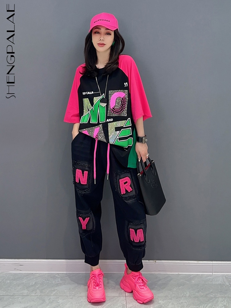 SHENGPALAE 2 Piece Set Korean T-shirt Top And Jeans Casual Loose Print Letter Trendy Matching Suit Women 2023 Summer New 5R2198