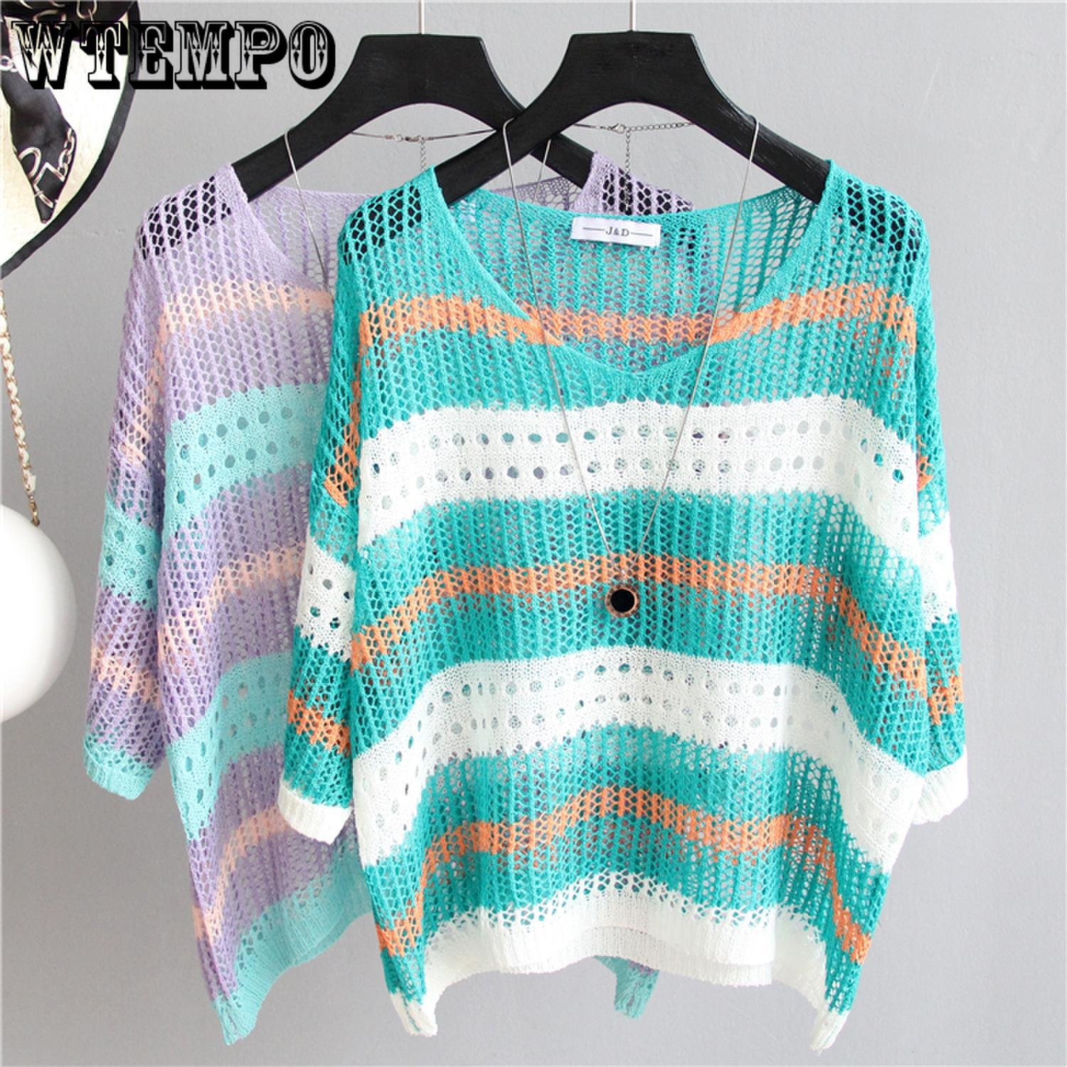 Colored Hollow Striped Large Size Knit Sweater Loose Retro Pullover Thin Blouse Sunscreen Drop Shipping