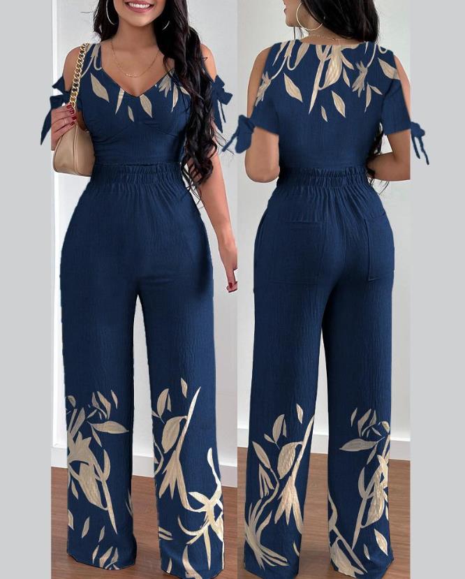 Casual Tow Piceses Outfits for Women Short Sleeve 2023 Summer Vacation Plants Print Cold Shoulder Top & High Waist Pants Set