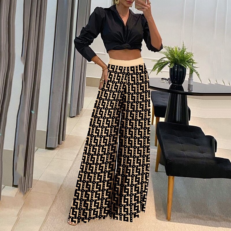 Fashion Women Sets 2023 New Bohemia Beach Style Street Trendy V-Neck Long Sleeve Shirt Top Wide Leg Pants High Waist Pants Set
