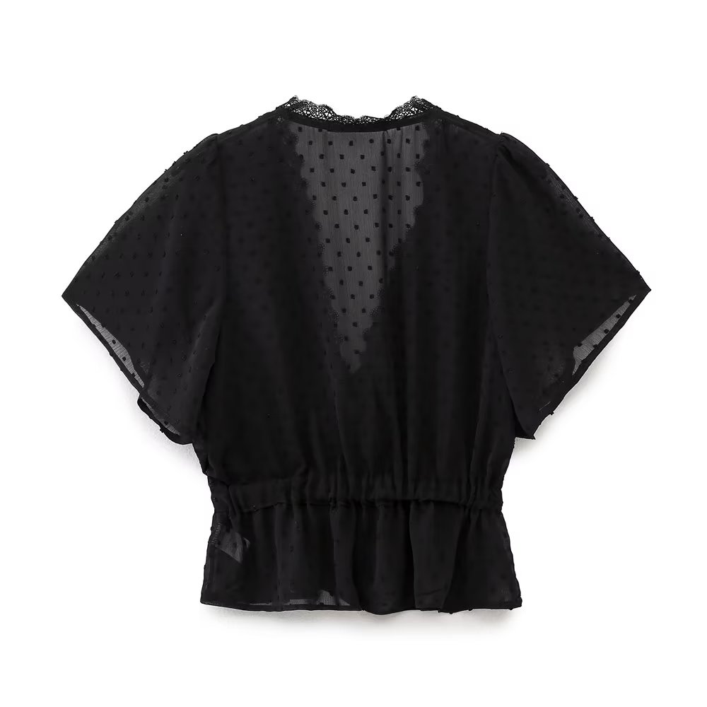 New women's plain black shirt upscale embroidered blouse sexy V-neck transparent shirt