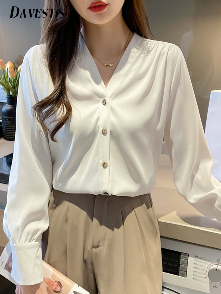 2023 Spring Summer Fashion Korean Simple Satin Blouse Women V-neck White Shirt Women Loose Breathable Long Sleeve Shirts
