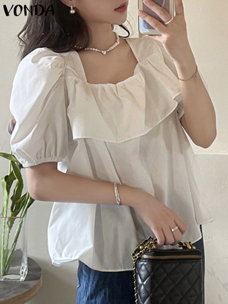 VONDA Women Ruffle Tops 2023 Summer Casual Solid Shirts Oversized Short Puff Sleeve Beach Blouse Sexy Female Tunic Streetwear