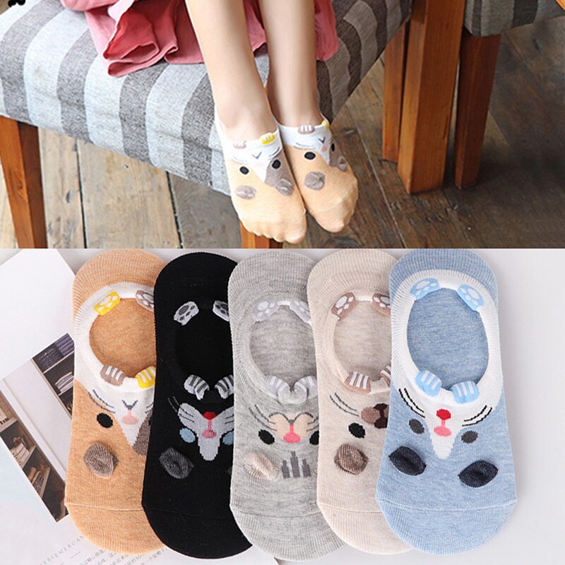 5 Pairs/Pack Korea Cute Women Socks Female Sokken Harajuku Animal Summer Autumn Low Cut Short Sock Slippers Funny Happy Boat Sox