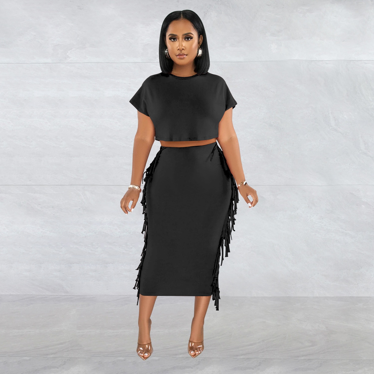 Women Two Piece Outfits 2023 Fashion Women's Solid Color Tassel Round Neck Short Sleeve Long Dress Two Piece Set