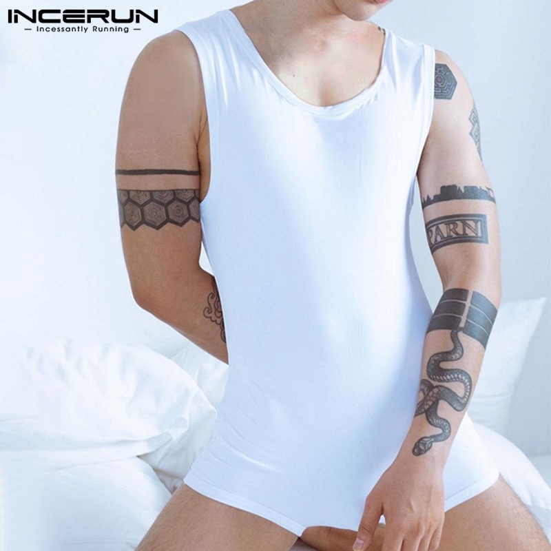INCERUN 2023 Korean Style Mens Fashionable Solid Bodysuit Leisure Homewear Male All-match Comfortable Sleeveless Jumpsuit S-5XL
