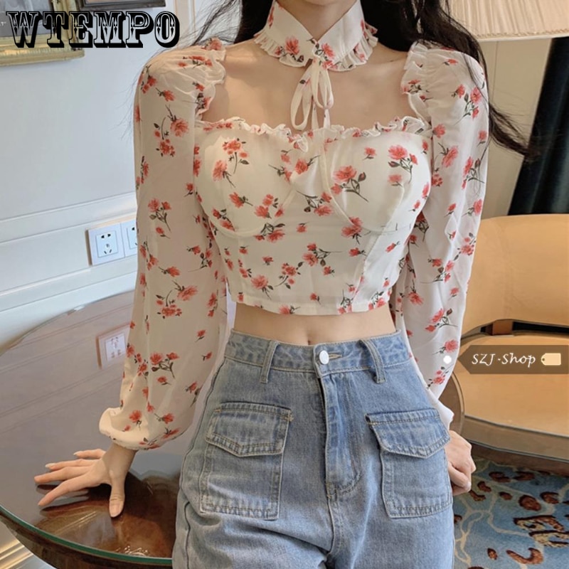 Sweet Retro Halter Fragmented Chiffon Shirt Long Sleeved Square Collar Women Blouse High Waisted Navel Exposed Slim Sexy Fashion