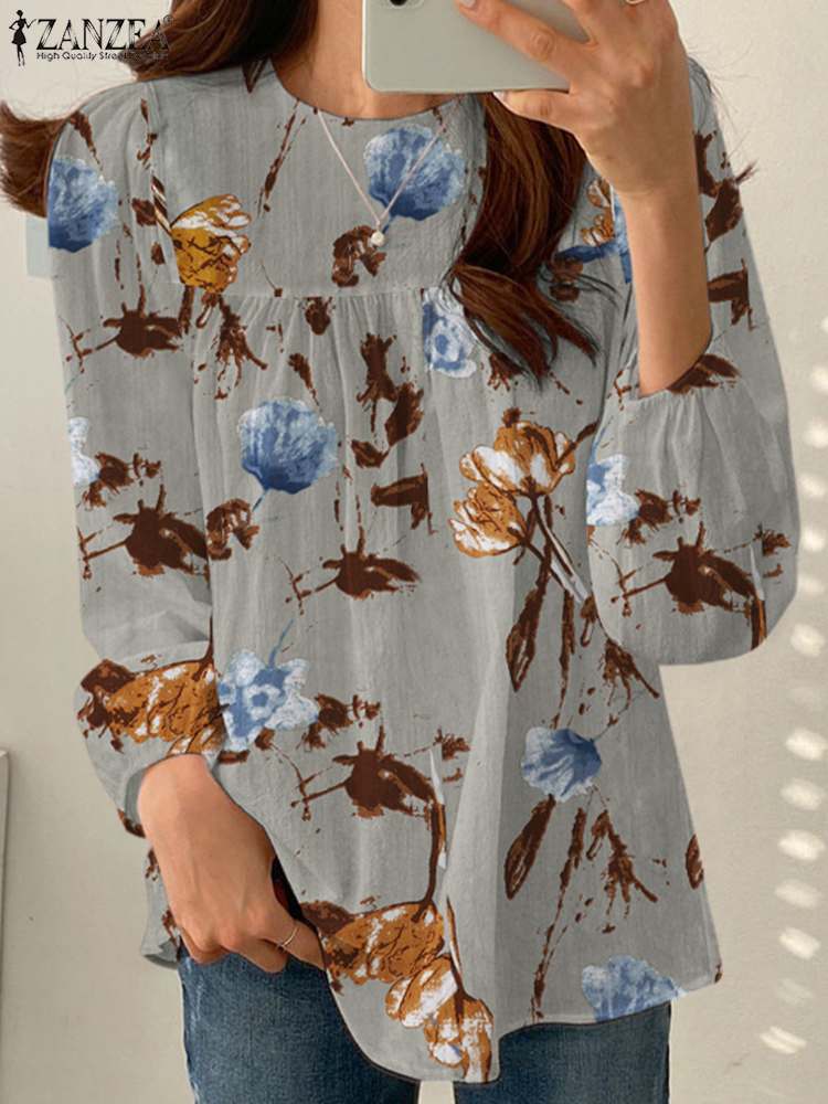 ZANZEA Summer Bohemian Floral Printed Blouse Women Vintage Long Sleeve Tops Casual Loose Holiday Shirt Female Party Blusas Mujer