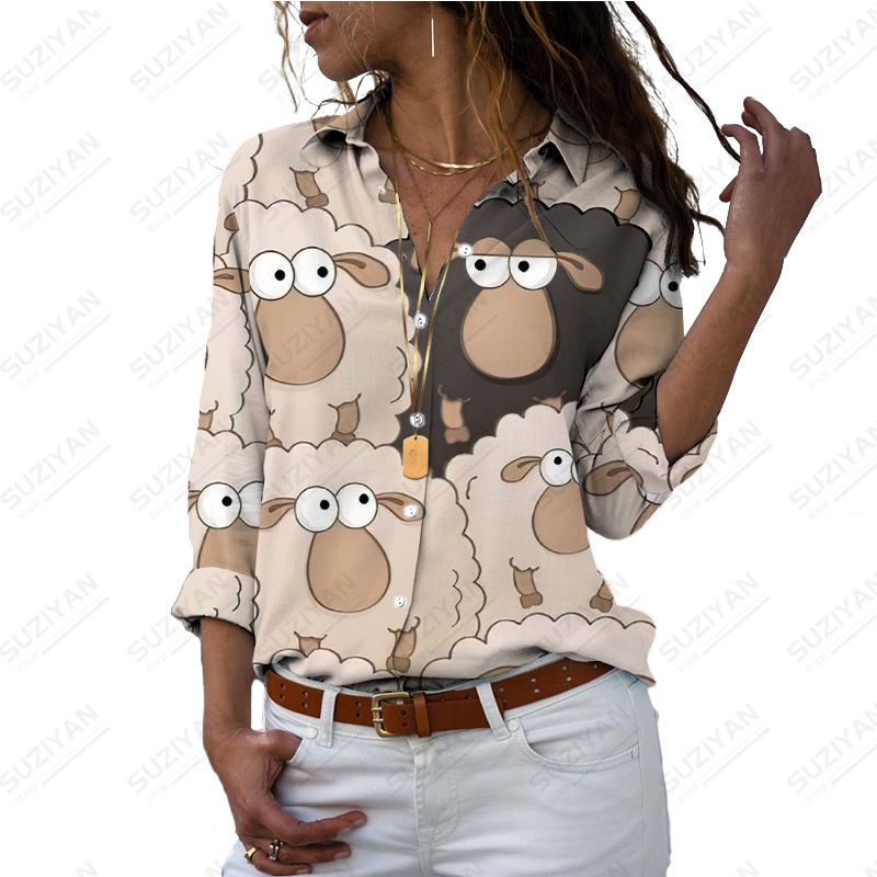 New Pastoral Harajuku Slim Fit 3D Print Women's Button Long Sleeve Polo Top Insect Flower Fragmented Flowers Casual Cute Sh