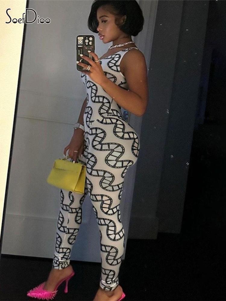 Soefdioo Unique Print Jumpsuits Women Sexy Oblique Shoulder Sleeveless Body-Shaping One Piece Rompers Summer 2023 Y2K Streetwear