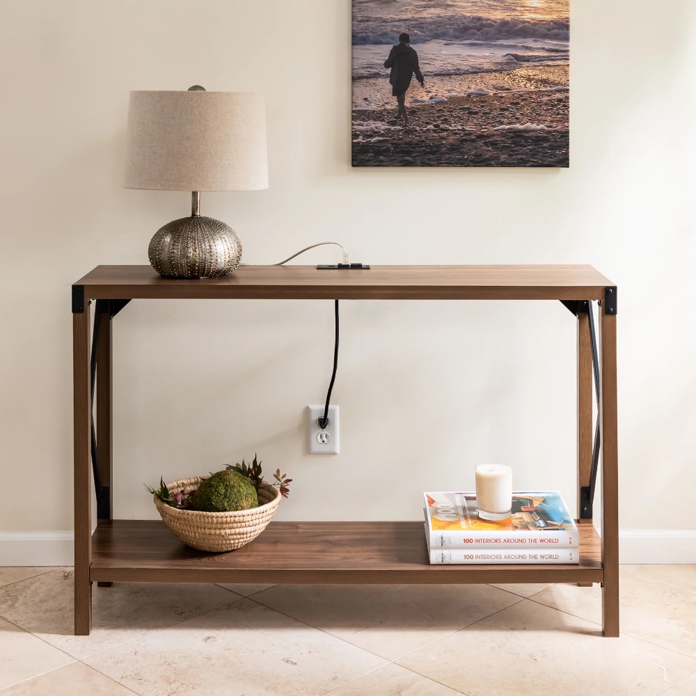 Industrial Rectangular Wood Console Table with AC Power and USB Charging Ports, Walnut sofa table