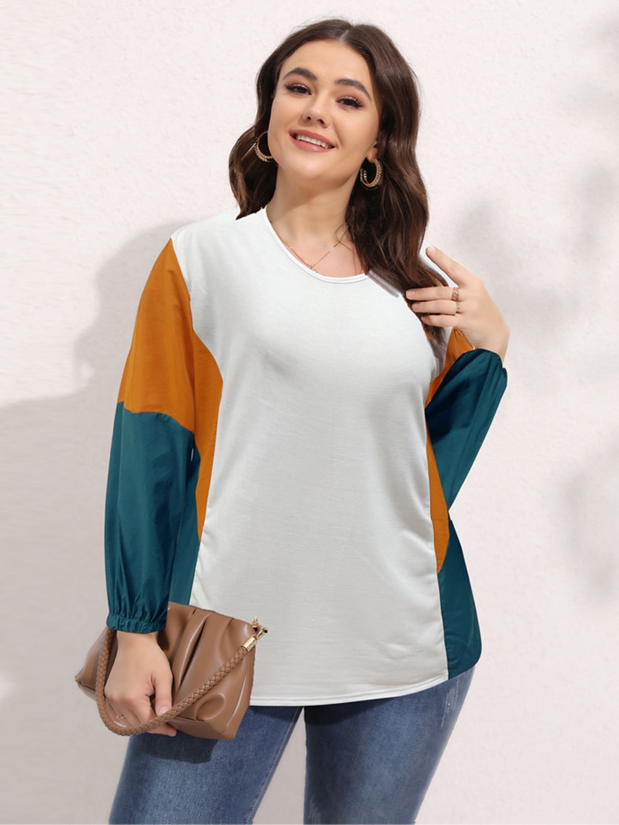 Finjani Color Block Crewneck Sweatshirt Pullover Casual Top Fashion Womens Plus Size Clothing