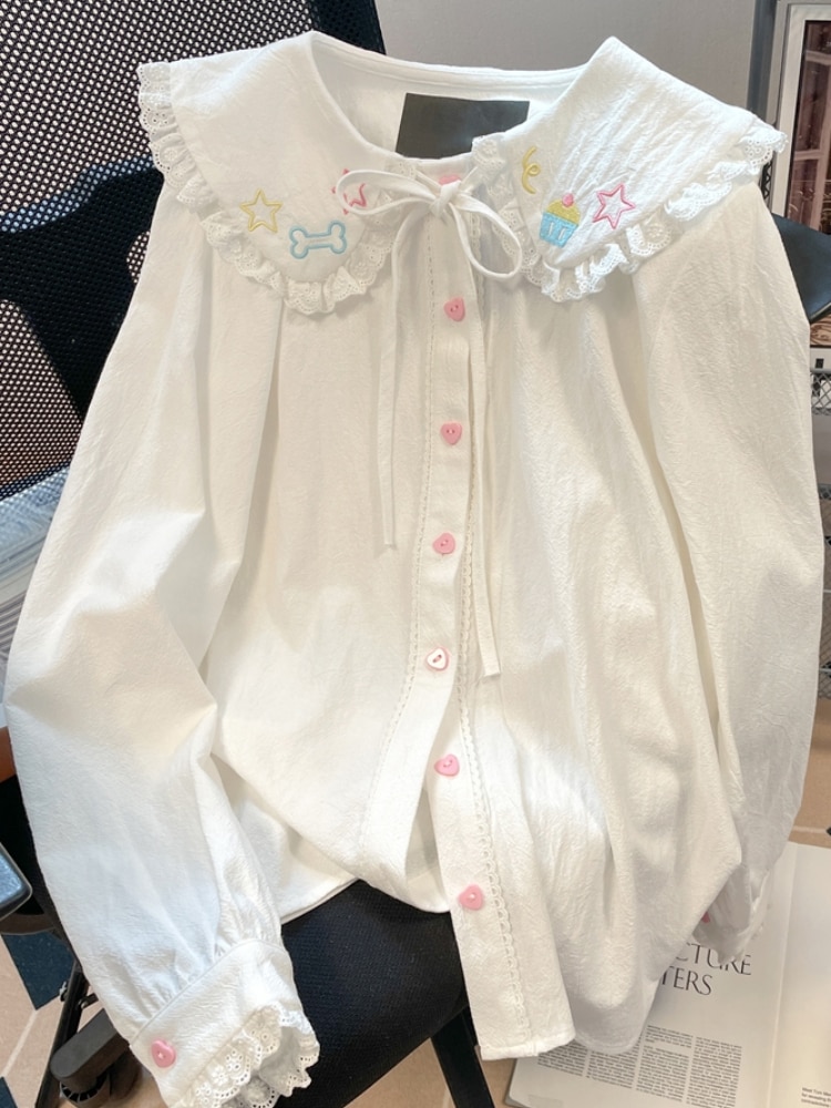 Cute Peter Pan Collar Lace Patchwork Shirt Vintage Sweet Embroidery Top Blusas Feminina 2023 Spring Women Japanese Kawaii Blouse