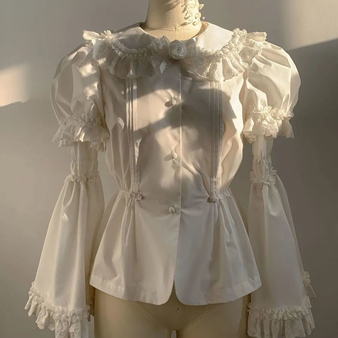 Girls Sweet Lace Ruffles Bandage Tops Blusas Mujer 2023 Women Vintage Lolita Style Gothic Y2k Shirts Flare Sleeve Cotton Blouses