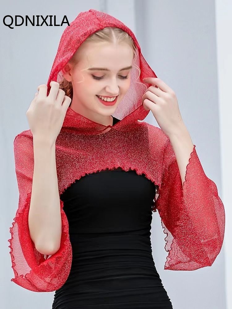 Summer Women's Shirts 2023 Hooded Bright Line Decoration Blouse Mesh Fashion Short Sun Protection Top Beach Cover Ups for W