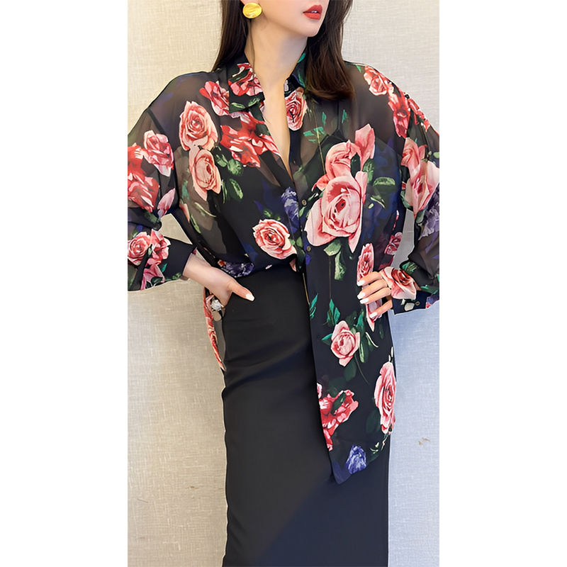 Summer Vintage Printing Perspective Turn-down Collar Long Sleeve Blouse Ladies Fashion Buttons Loose Cardigan Shirts Women Cloth