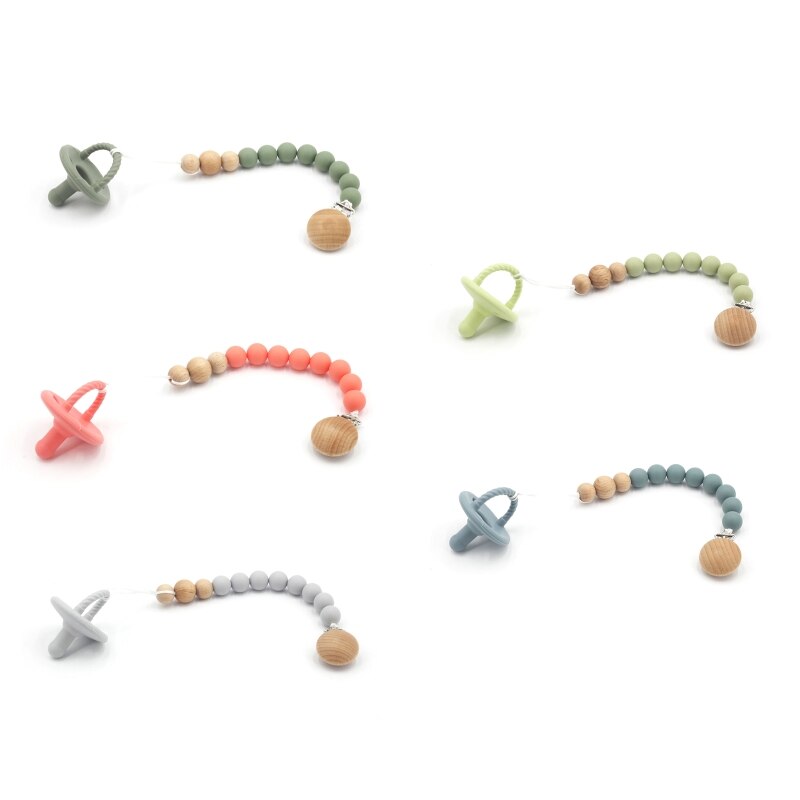 2pc/set Baby Wooden Pacifier Clips Chain Silicone Beads Nipple Dummy Holder