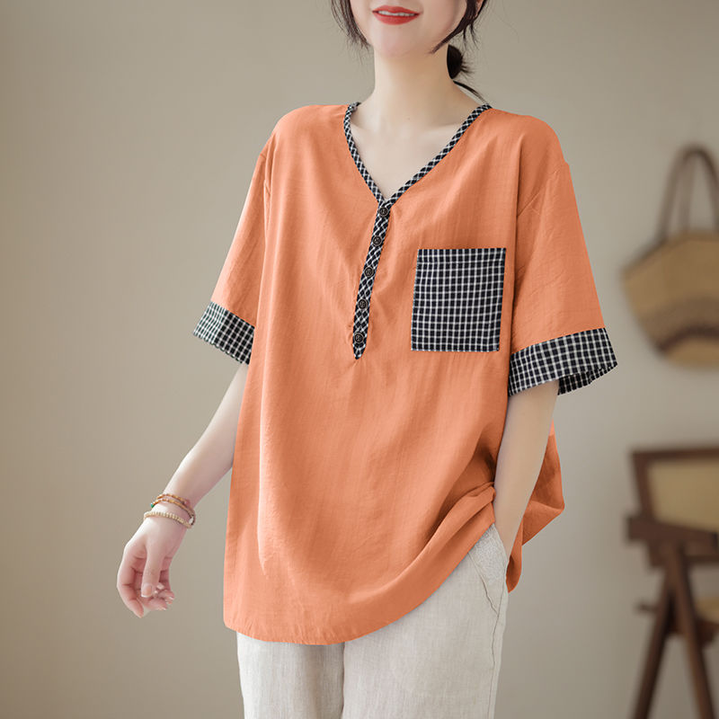 Fashion Womens T-shirt Plaid Pocket Design Tees Tops 2023 Mother Style Short Sleeve T Shirt Oversized Loose Woman Clothes A791