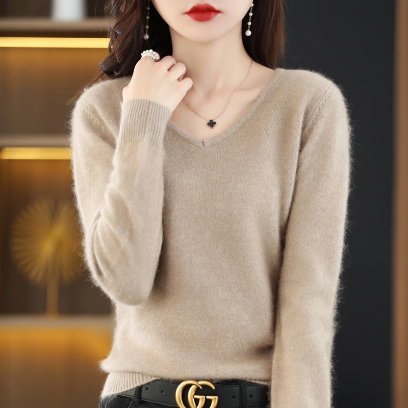 2023 Spring / Autumn New Sweater Women's Clothing V-Neck Pullover Top 100% Mink cashmere Knitted Bottom Jacket Korean Fashi