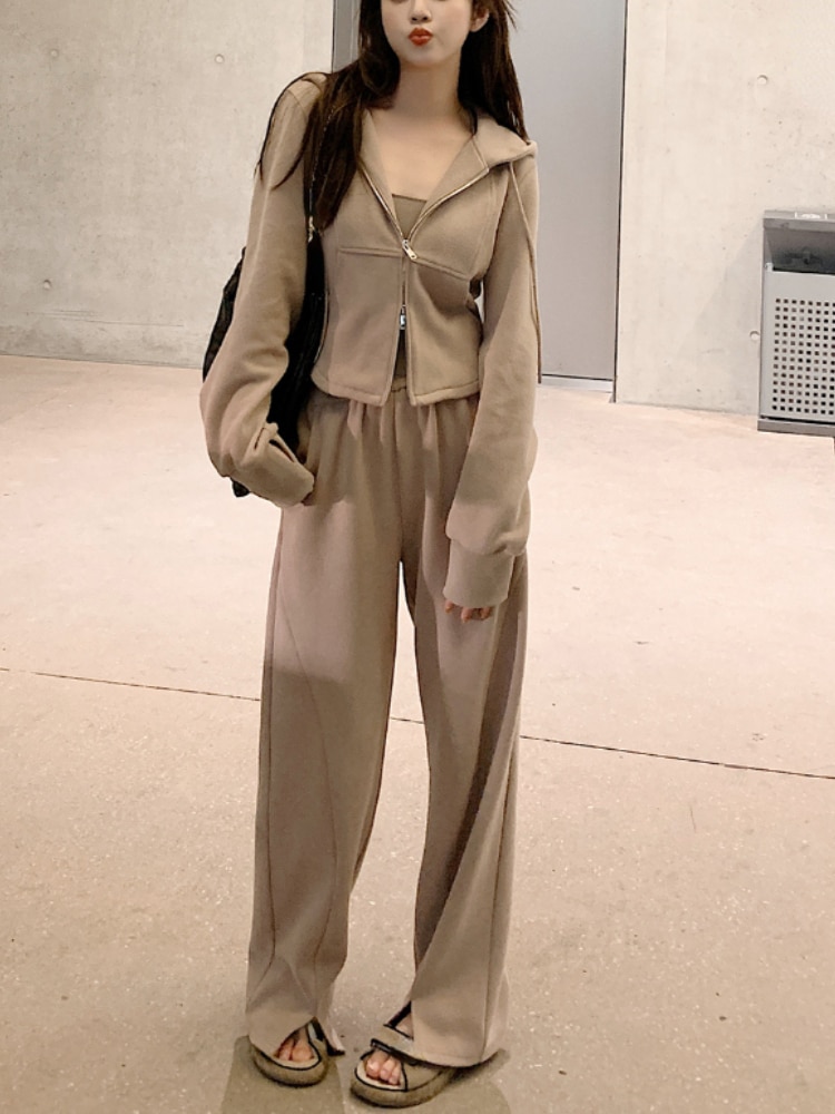 Casual 2 Piece Set Woman Sport Korean Suit Hooded Solid Long Sleeve Tops + Fashion Straight Pants Trousers Female 2022 Autumn