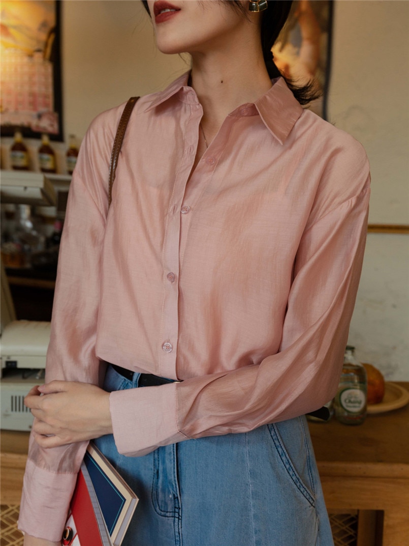 Leisure Women Solid Shirts Button Lapel Cardigan Top Lady Loose Long Sleeve Plus Size Shirt Summer Thin Blouses Blusas Mujer