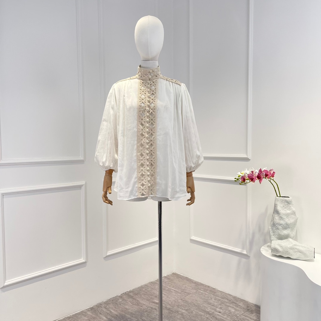 2023 Hollow Out Women Blouses White Stylish Loose Unique Design Lantern Sleeve Patchwork Ladies Clothing Fashion Shirts