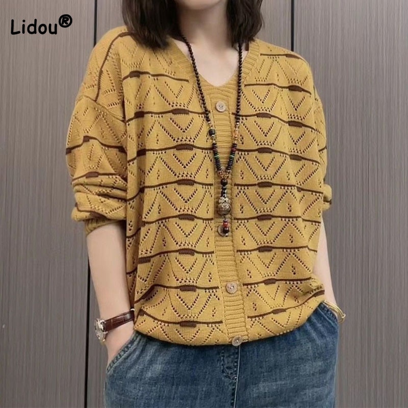Women's Clothing Stylish V-Neck Knitted Pullovers Sweaters Spring Autumn Vintage All-match Long Sleeve Button Spliced Jumpe