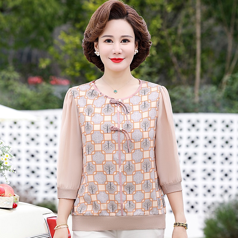 2023 Middle Age Women retro Summer Loose Short Sleeve Chiffon Shirt Blouse Print Round Collar Shirts Womens Tops Blusas