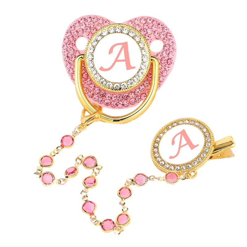Pink Zircon Luxury Baby Pacifier Clip 26 Letters Newborn Personalized Pacifiers Holder Silicone Infant Teether Nipple BPA Free