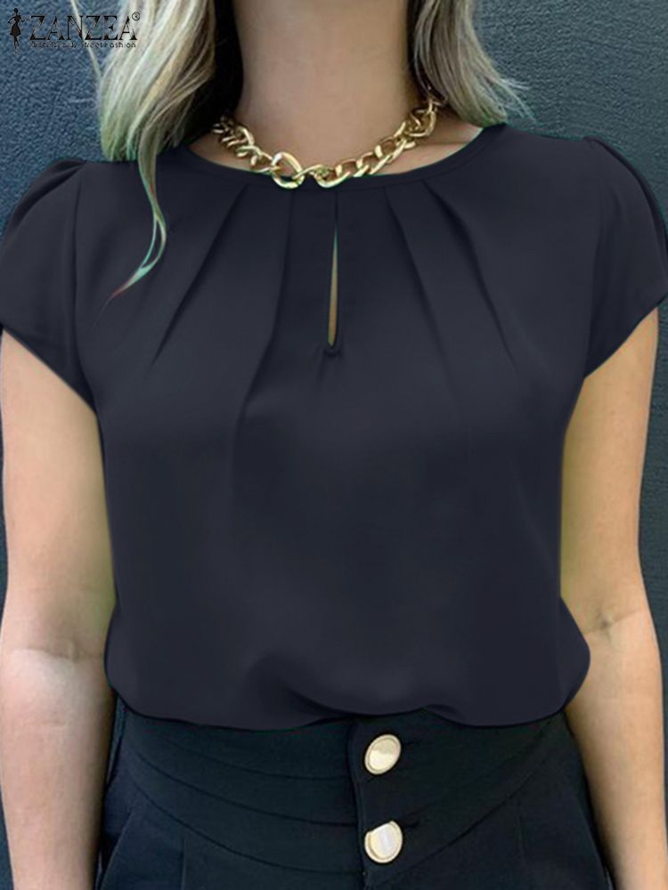 ZANZEA Fashion Short Sleeve Blouse Summer Solid Color O-Neck Casual Women's Shirt Female Elegant Tops Party Work Tops Overs