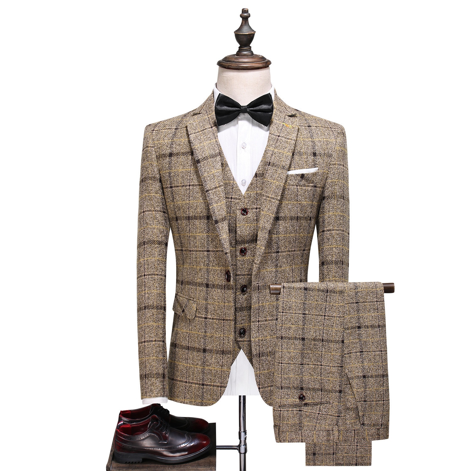 Men's Three-piece Korean Version Slim British Casual Tide Groom Wedding Dress Plaid Suit Suit Men Suits for Men Costume Hom