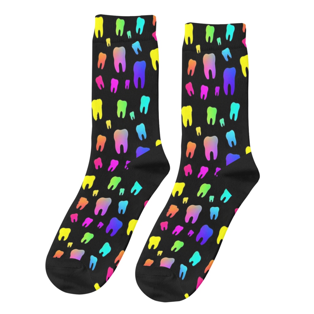 Retro Rainbow Men's Socks Funny Teeth Unisex Novelty Seamless Printed Funny Crew Sock Gift