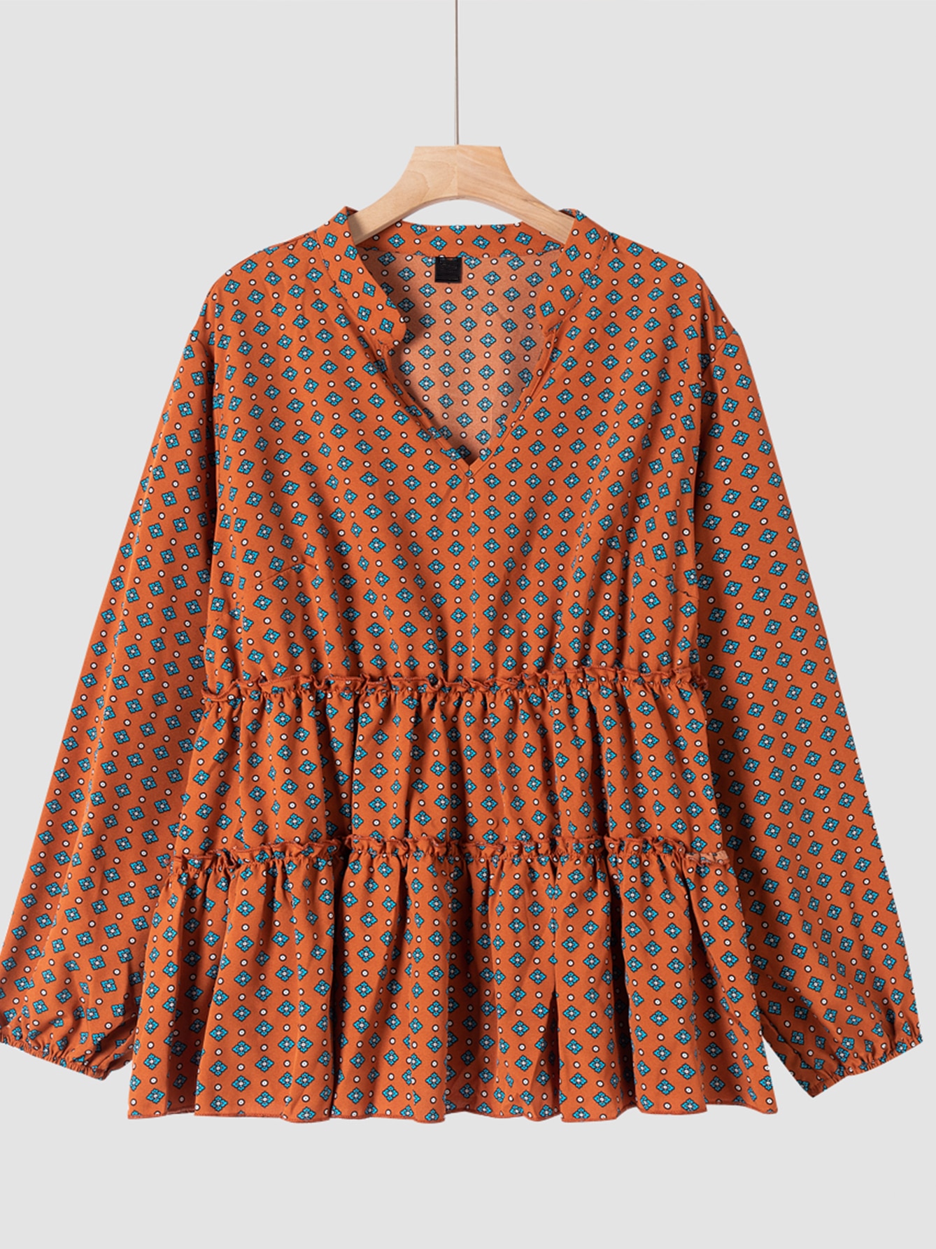 Finjani Plus Size Checkerboard Print Blouse, Boho Batwing Long Sleeve V Neck Button Front , Women's Clothing
