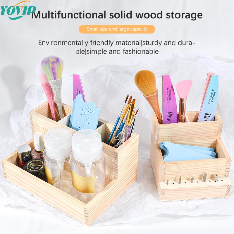 Wooden Manicure Nail Art Tools Storage Box Makeup Organizer Nail Polish Brush Lipstick Holder Tools Container Home Accessories