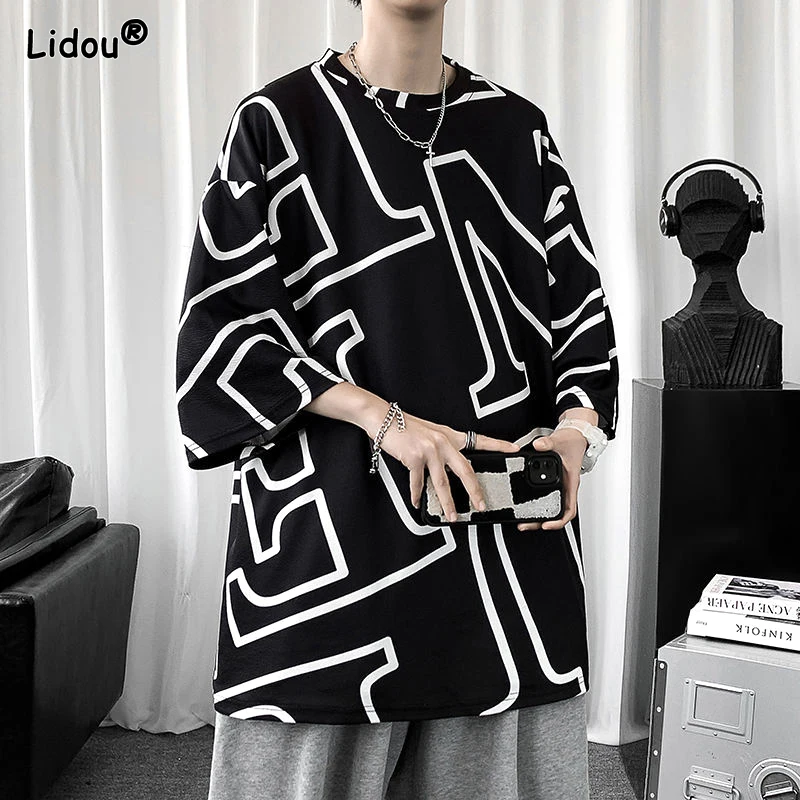 Spring Summer Man Round Neck Men's Clothing Oversized Fashion Casual Geometric Pullovers Printing Short Sleeve Handsome T-S