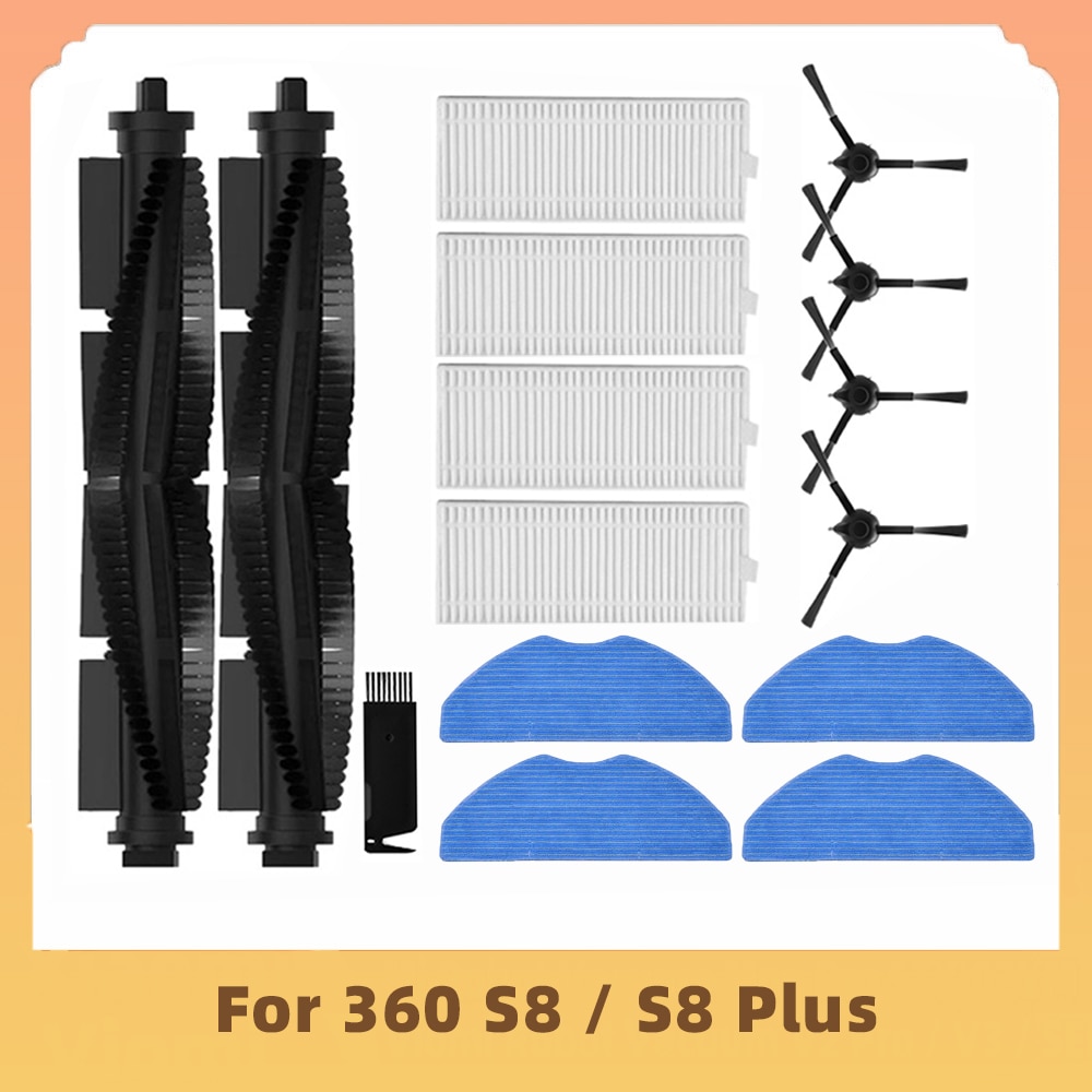 Replacement For 360 S8 / S8 Plus Robot Vacuum Cleaner Spare Parts Main Roller Brush Side Brush Hepa Filter Mop
