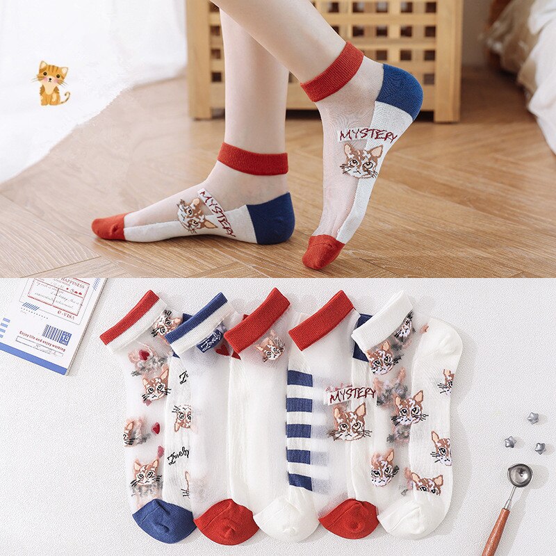 5 Pairs Cartoon Lovely Cats Women Silk Ankle Boat Socks Lace Ultrathin Girls Transparent Fashion Kwaii Cute Dress Sox Summer