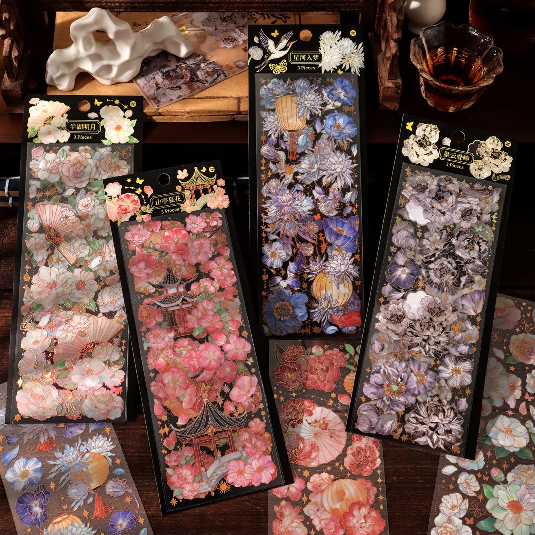 MOHAMM 3 Sheets 3D Floral Gold PET Waterproof Stickers for DIY Fresh Flower Collage Scrapbooking and Journaling