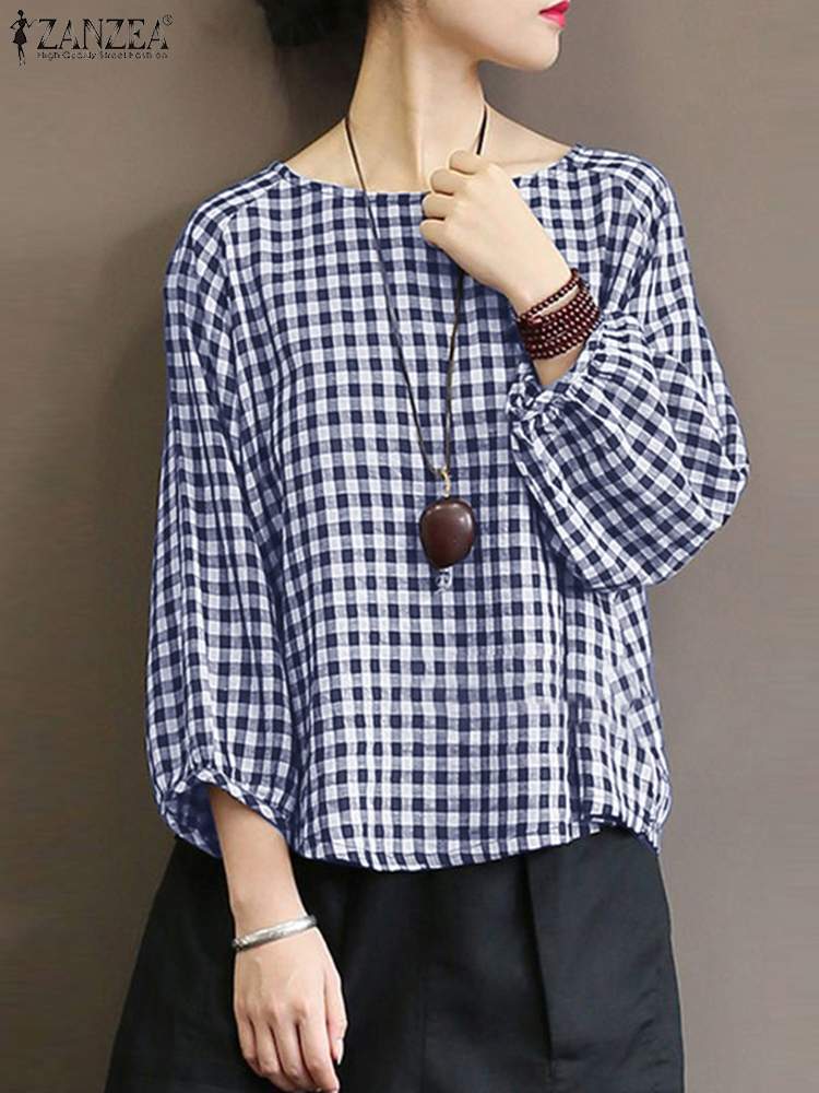 ZANZEA Fashion Grid Printed Tops Woman 3/4 Sleeve O-Neck Blouse Female Casual Loose Blusas Elegant Holiday Beach Shirt Oversized